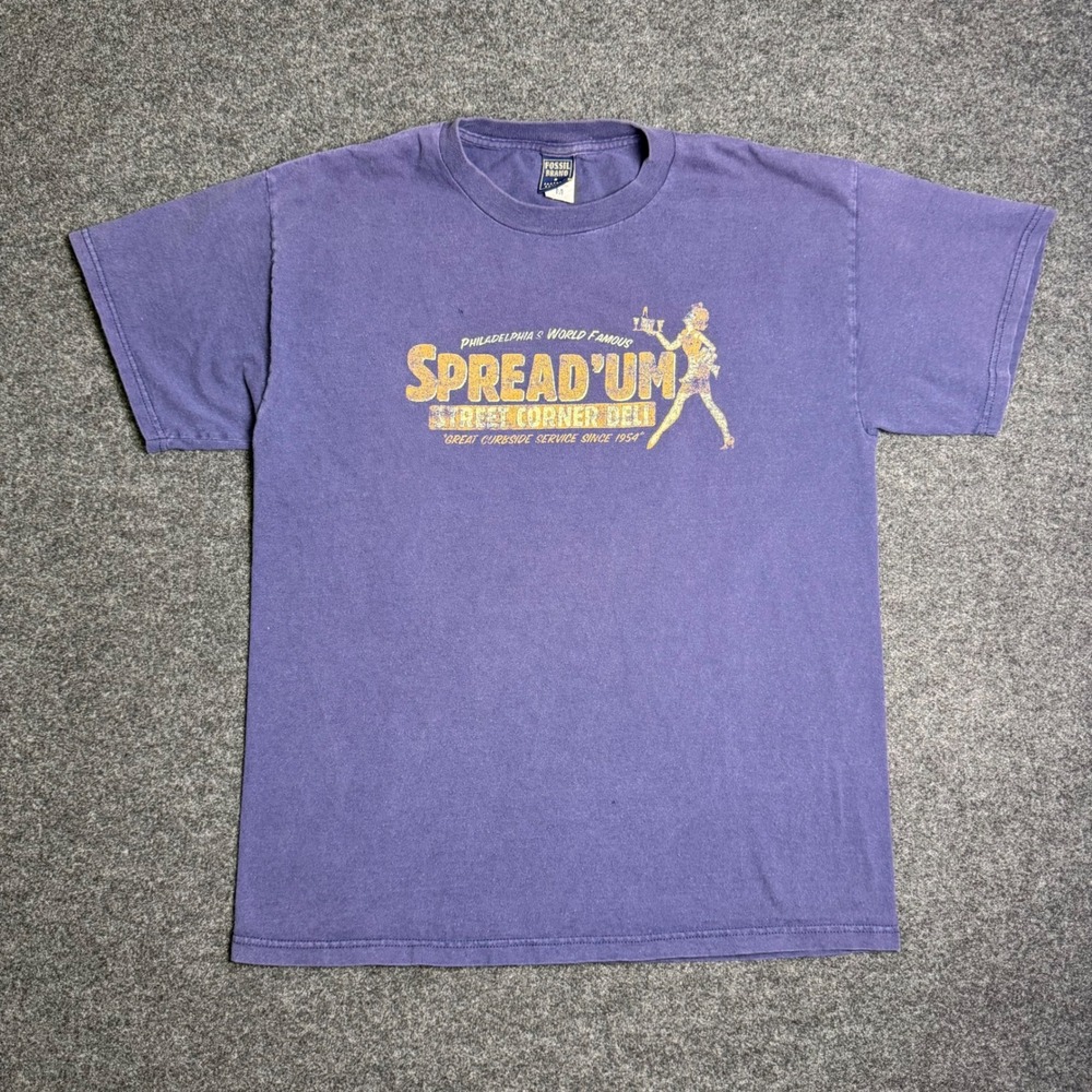 Vintage Fossil Brand T-Shirt Mens M Purple Spread'Um Deli Graphic Retro Philly